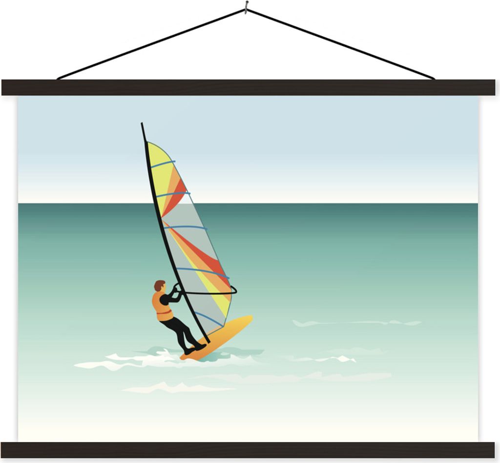 MuchoWow Textilposter Illustration eines Mannes beim Windsurfen an der Küste 40x30 cm mit schwarzem Rahmen - Dekorationen