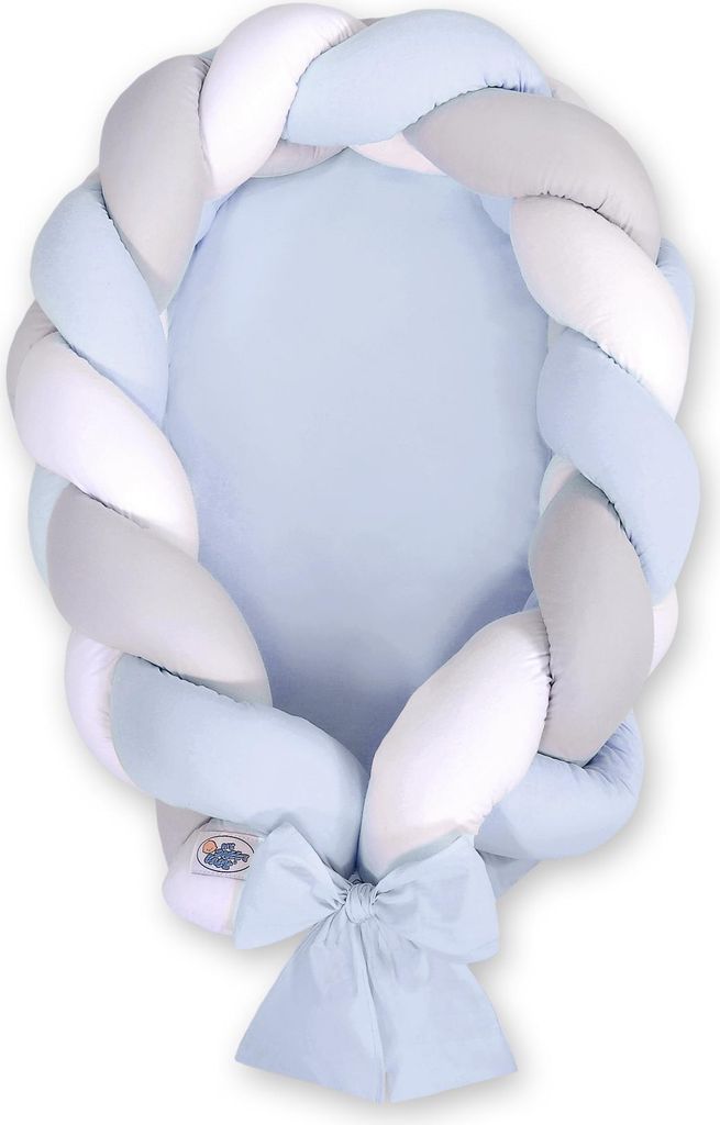 2-in-1 geflochtener Babykokon - Weiß, Grau und Blau Produktbild 