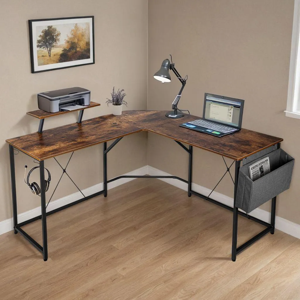 Bureau d'angle AMORA RUSTIC avec rallonge pour télétravail et gaming