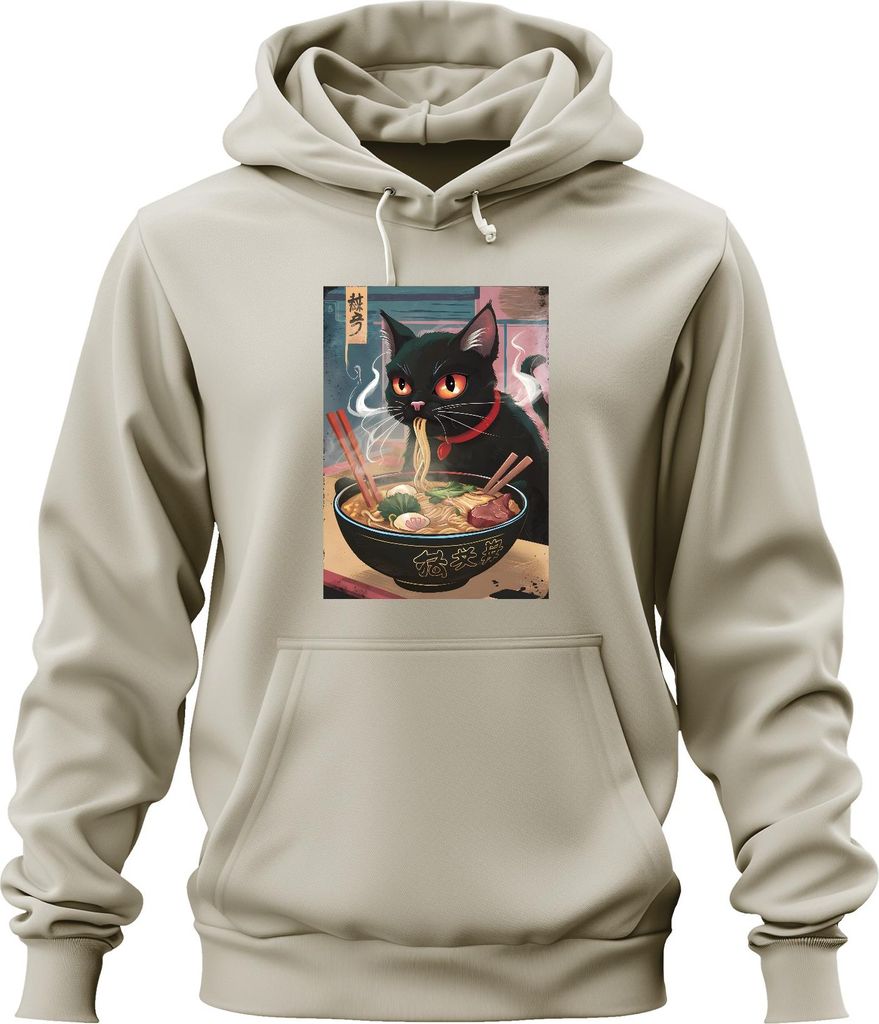 Schwarze Katze Ramen Nudelsuppe Japanisch Kawaii Anime Neko Chibi Uni Hoodie Kapuzenpullover, Natur, M