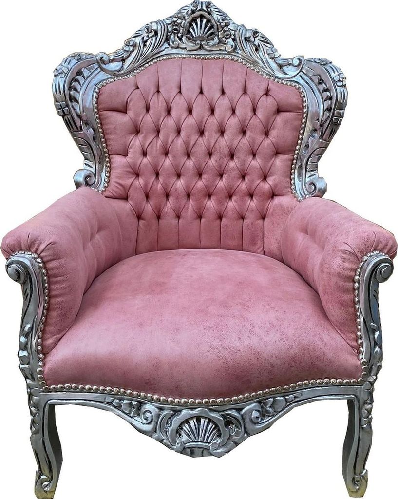 Casa Padrino Barock Sessel Rosa / Silber - Handgefertigter Massivholz Wohnzimmer Sessel mit Kunstleder - Antik Stil Wohnzimmer Sessel - Barock Wohn...