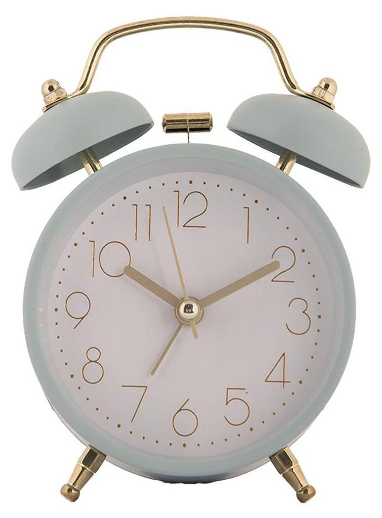 A light blue analog alarm clock with gold accents is shown against a white background.