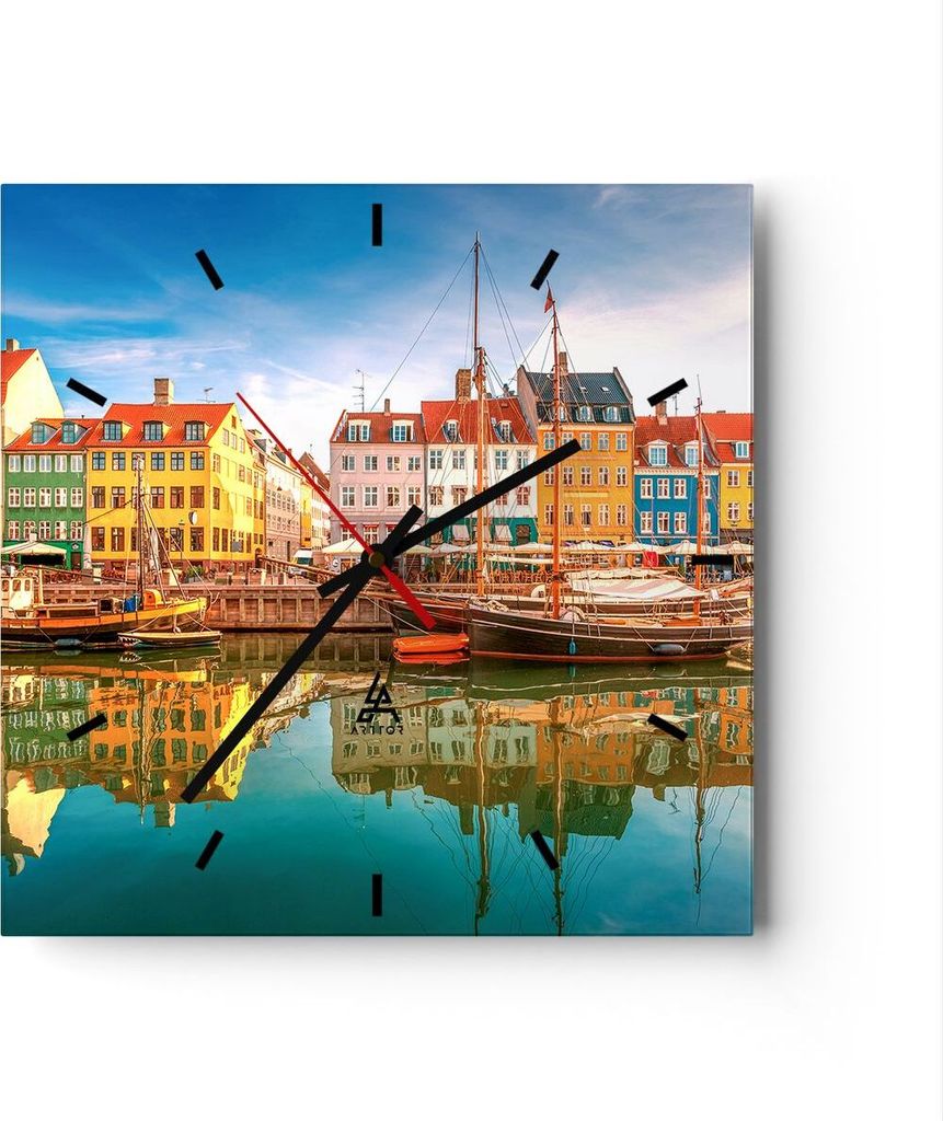 Wanduhr - Quadrat - Glasuhr - Segelboote Wasser Architektur Hafen - 40x40cm - Schleichendes Uhrwerk - Lautlos - zum Aufhängen bereit - Dekoration ...