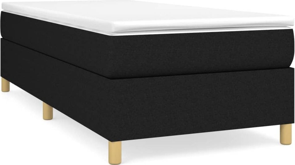 A black upholstered bed frame with a white mattress on a white background.