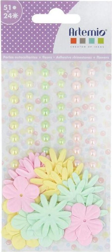 51 Klebeperlen und 24 Papierblumen