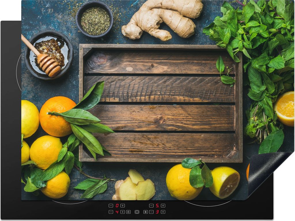 KitchenYeah Herdabdeckplatte Obstkiste - Zitrone , 71x52cm, Küche Deko, Glaskeramikkochfeld Herdabdeckung, Abdeckplatte fùr Kochfeld