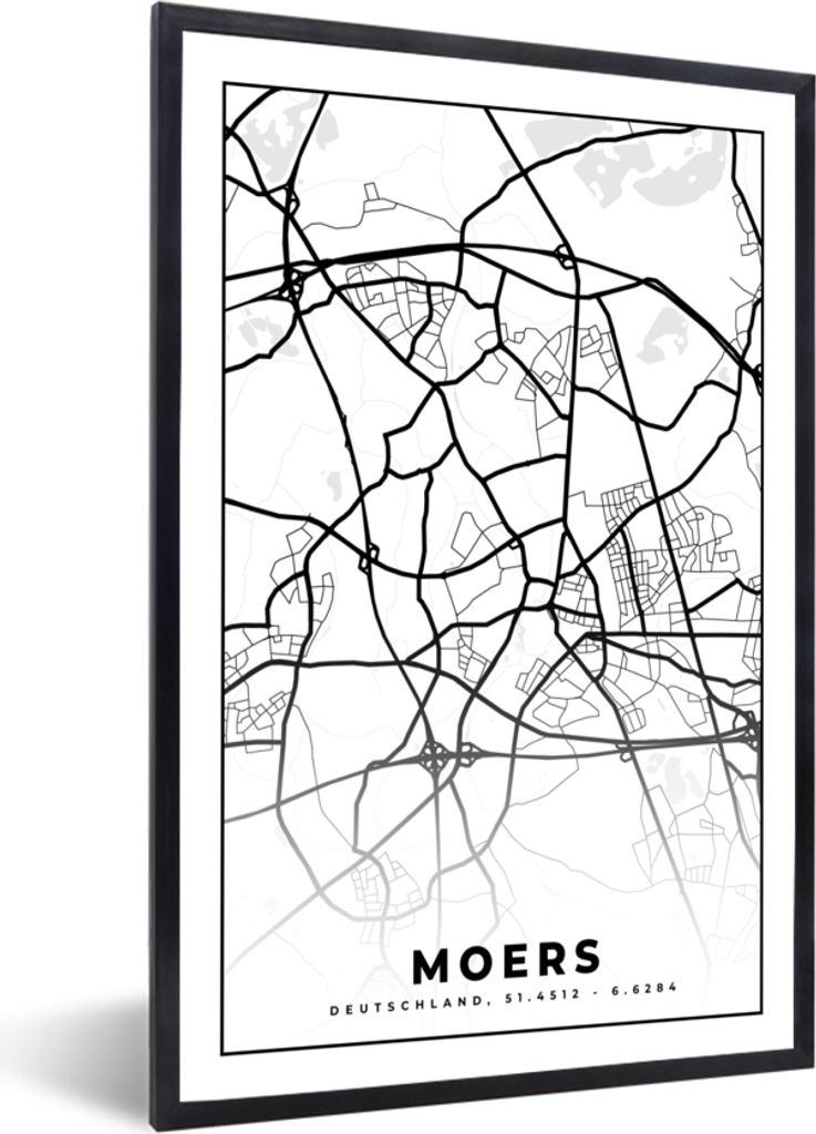 MuchoWow Gerahmtes Poster Karte - Moers - Stadtplan 20x30 cm - Poster mit Schwarzem Bilderrahmen Wandposter Rahmen Foto Bilder - Drucken - Bilder...