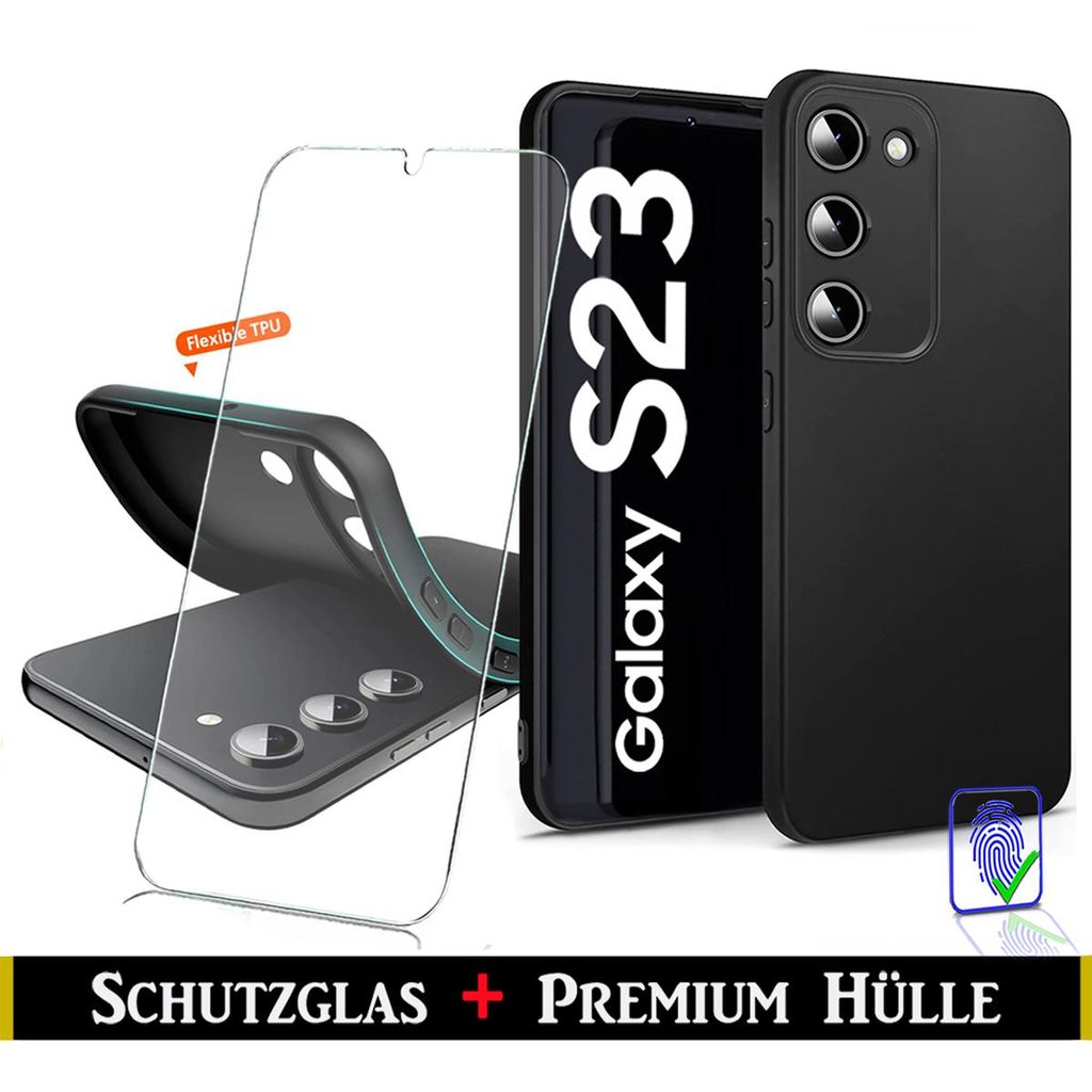 Für Samsung Galaxy S23 5G Silikon Schwarz Kamera Schutz Hülle + Panzerglas Echt Glas Display Schutzglas
