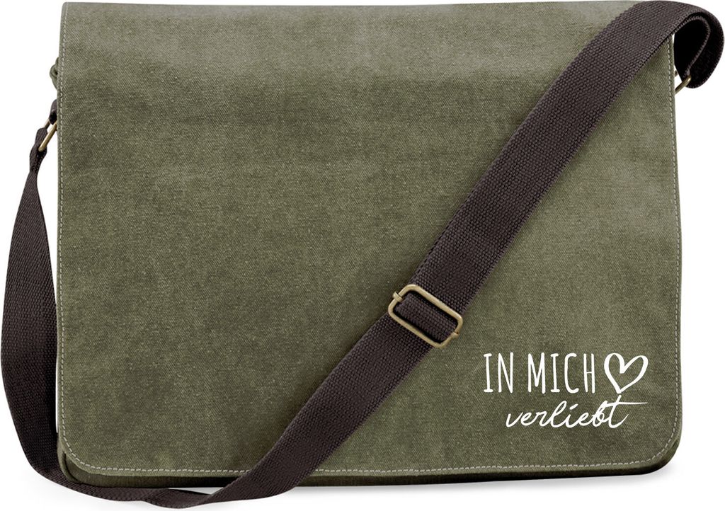 Huuraa Umhängetasche In mich verliebt 14 Liter Military Green Canvas Laptoptasche Geschenkidee