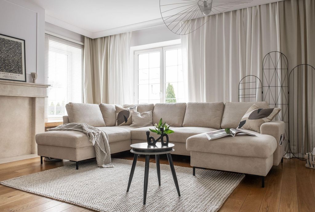 MIUFORM Lofty Lilly - Ecksofa mit Bettfunktion und Bettkasten U-FORM LINKS - 303 x 197 cm - Beige - Sofa Schlafsofa Couch