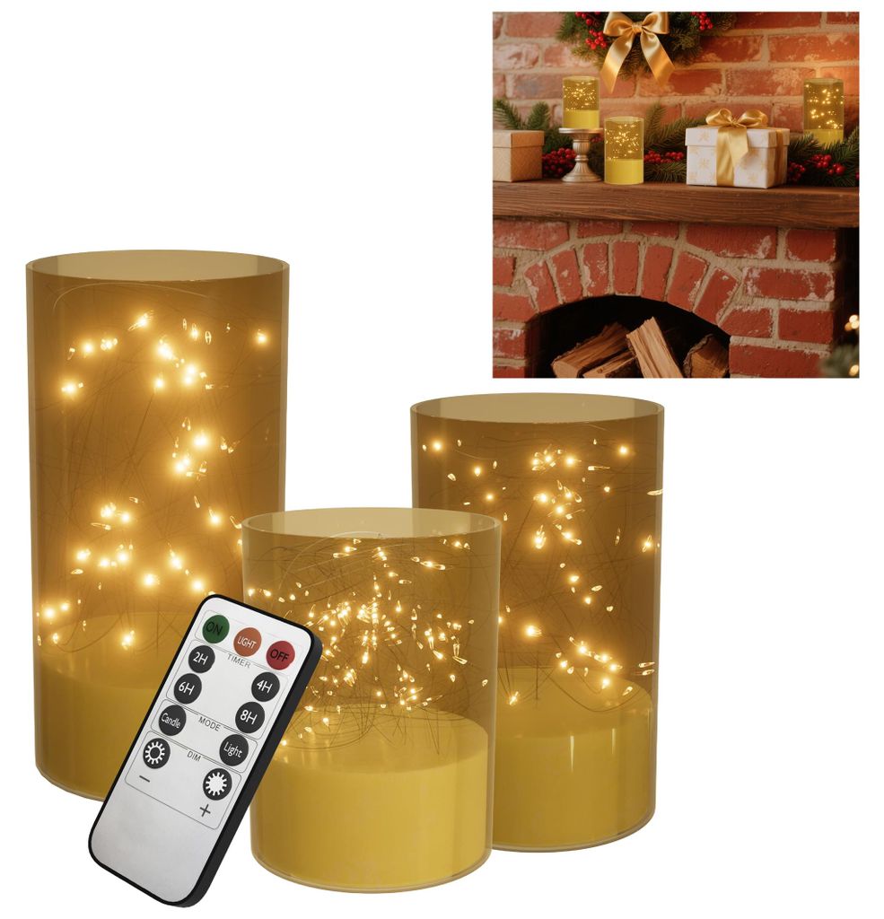 VA-Cerulean LED-kaarsen, set van 3, goud – met Productafbeelding 