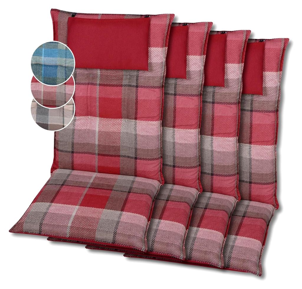 Bequeme Polsterauflagen für Hochlehner-Gartenstühle (4er-Set, Karo rot)