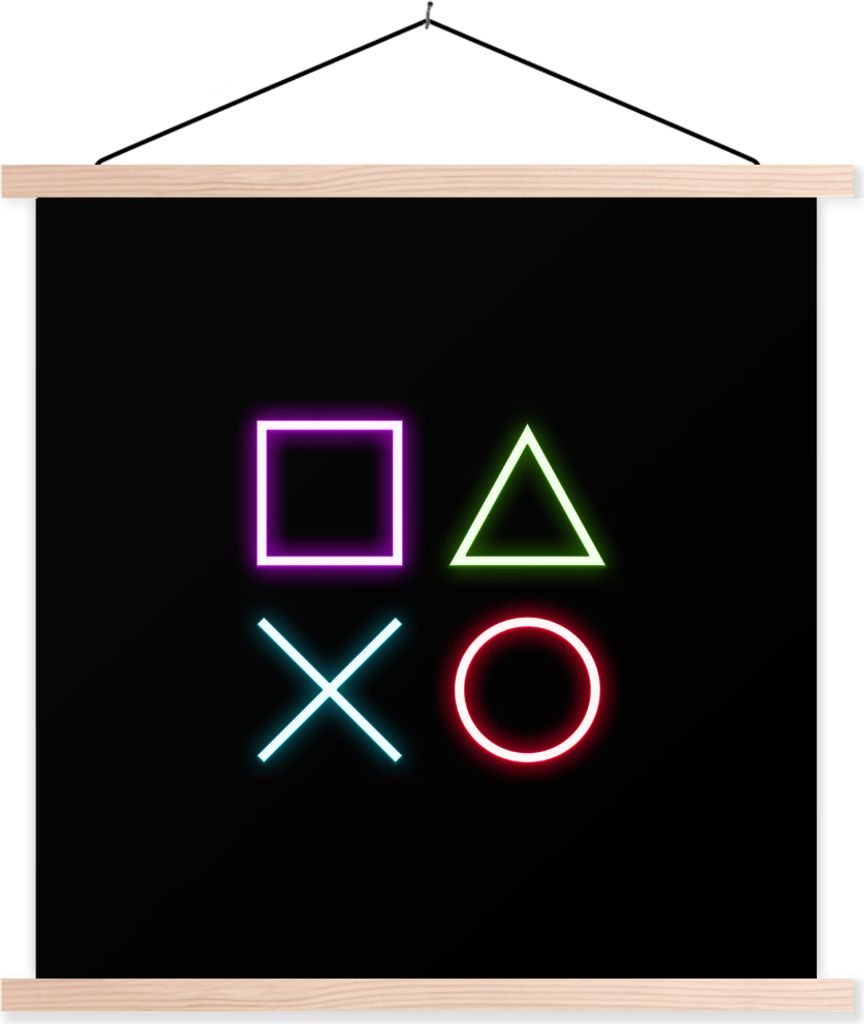 MuchoWow Textilposter Gaming - Neon - Konsole - Schwarz - Controller - Gaming 120x120 cm mit holzfarbenen Rahmen - Textil-Poster