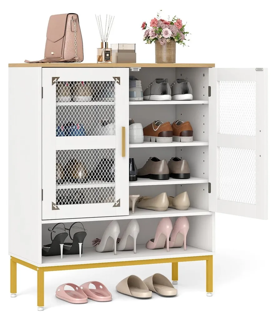 Armoire à chaussures à étagères modulables et portes en filet aérées
