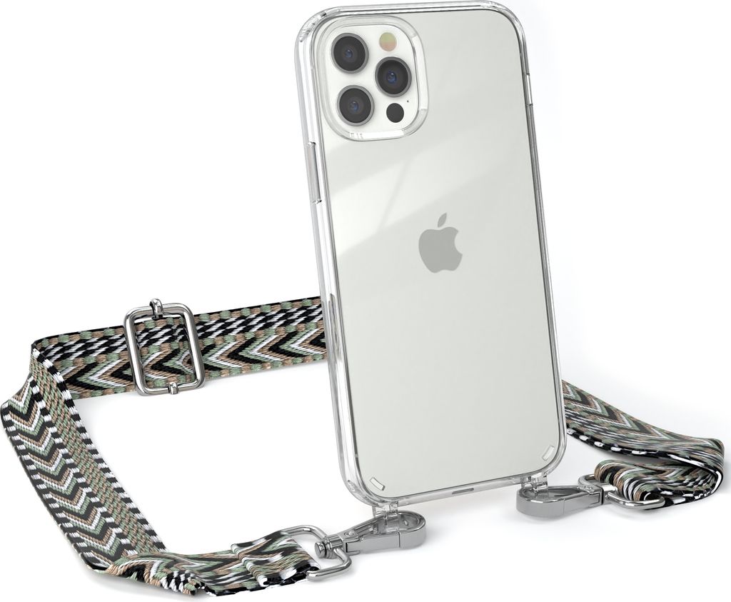 EAZY CASE Handykette - Verstellbarer Trageriemen kompatibel mit Apple iPhone 12 / 12 Pro, Handykordel mit transparenter Silikon-Hülle, Band in Grün