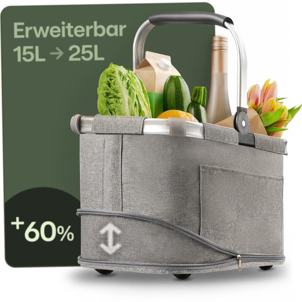 Praknu Einkaufskorb Faltbar Klein – 2 in 1 Erweiterbar 15L auf 25L – Abnehmbarer & Waschbarer Bezug – Stabil mit Alurahmen & Verstärktem Bod...