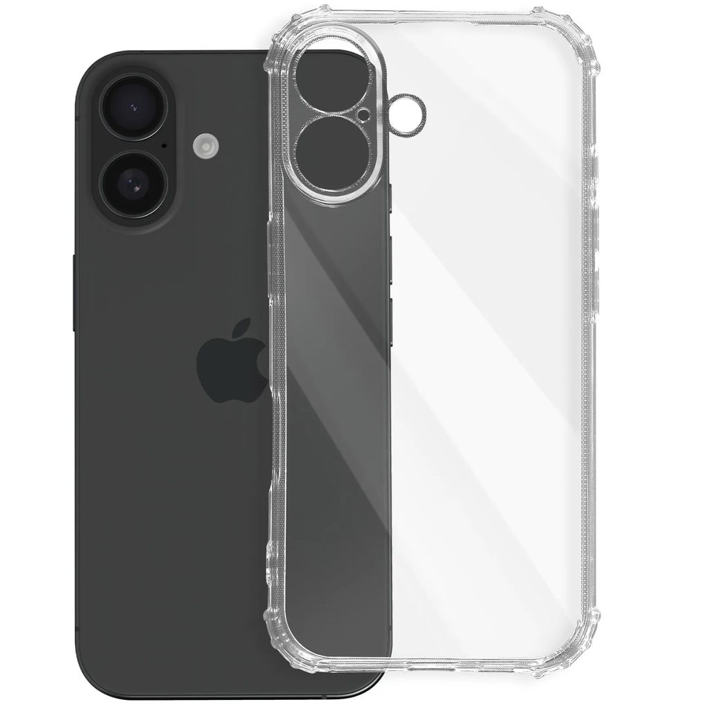 A clear phone case is shown next to a dark smartphone.