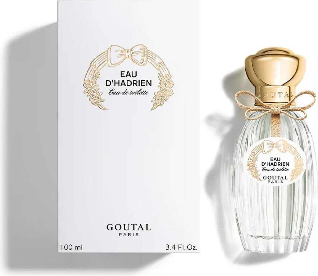 A perfume bottle and its packaging are displayed side-by-side on a white background.