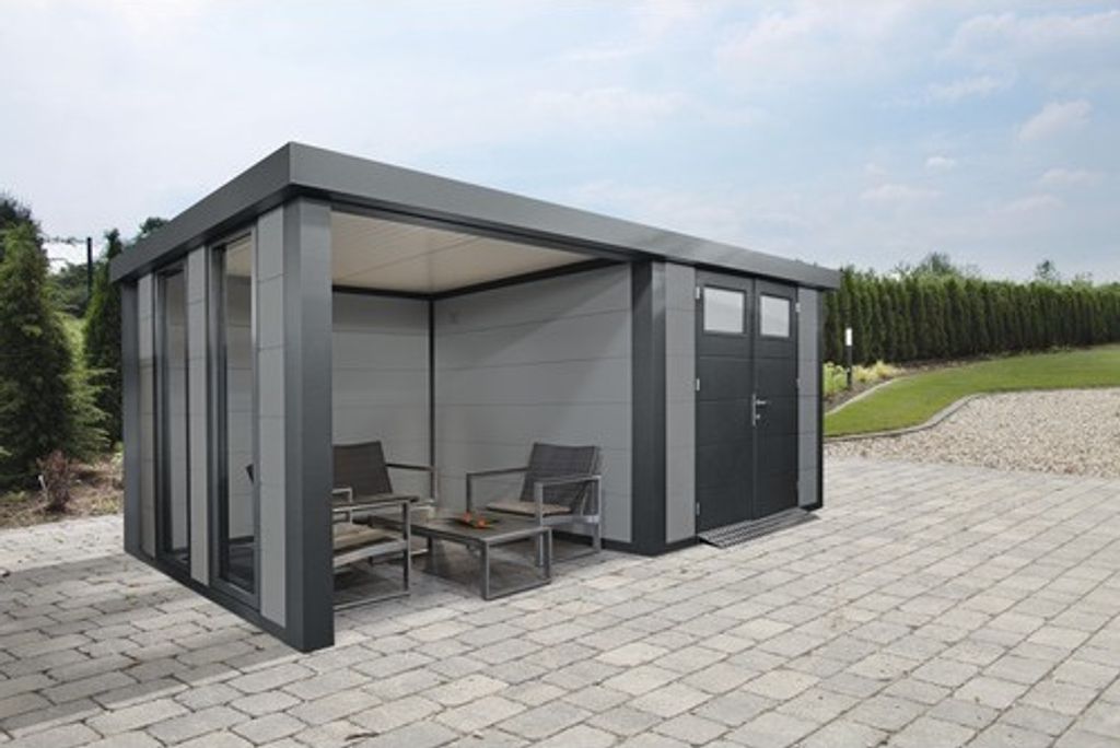 Gartenhaus Classico 3024 inkl. Regenrinne mit Seitendach, Rück- und Seitenwand inkl. Fenster links 602 x 258 cm lichtgrau