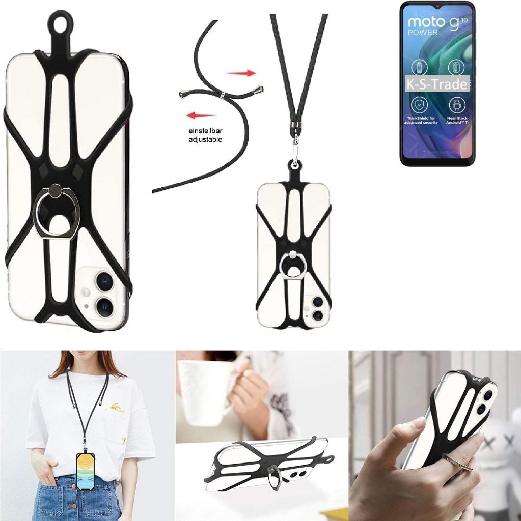 K-S-Trade 3in1 Handykette Handyband Handykordel Halsband Smartphone-Ring Handy-Ring kompatibel mit Motorola Moto G10 Power Fingerhalterung Handyring