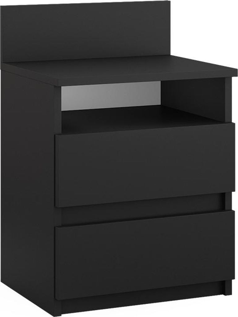 A black bedside table with two drawers and an open shelf.