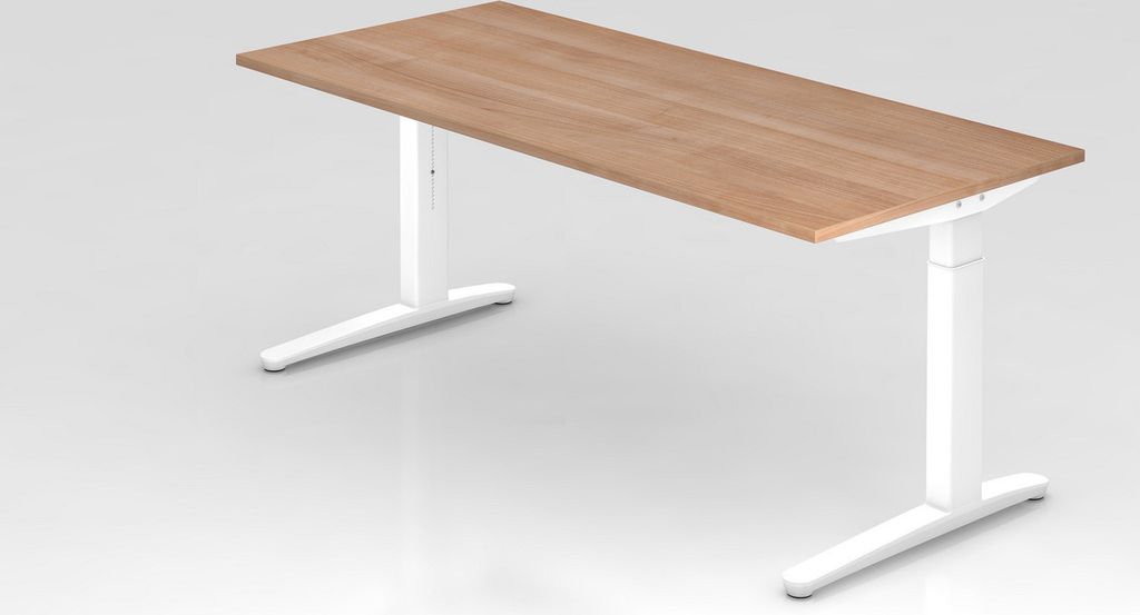 Schreibtisch Mika | Nussbaum | Weißes Gestell | BxT 180x80cm | Arbeitshöhe 65-85cm | höhenjustierbar, 1cm Raster | C-Fuß-Gestell | Rechteckform