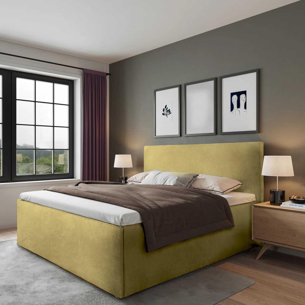 Polsterbett Gent Gelb 100 x 200 x 32 cm Bettkasten Mit hochwertiger Matratze H2 (bis 100 kg) und Lattenrost