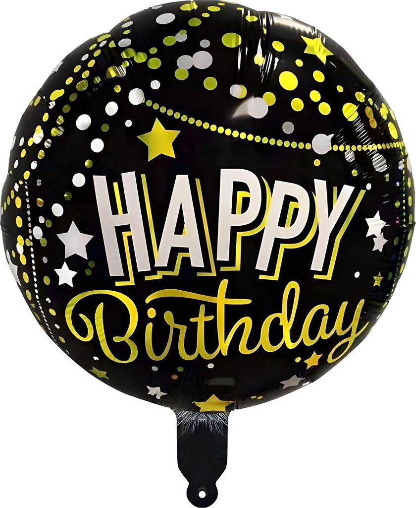 Folienballon Happy Birthday rund 45 cm, Happy schwarz gold silber