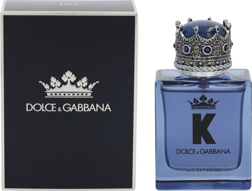 A product shot of a Dolce & Gabbana K Eau de Parfum bottle and its box.