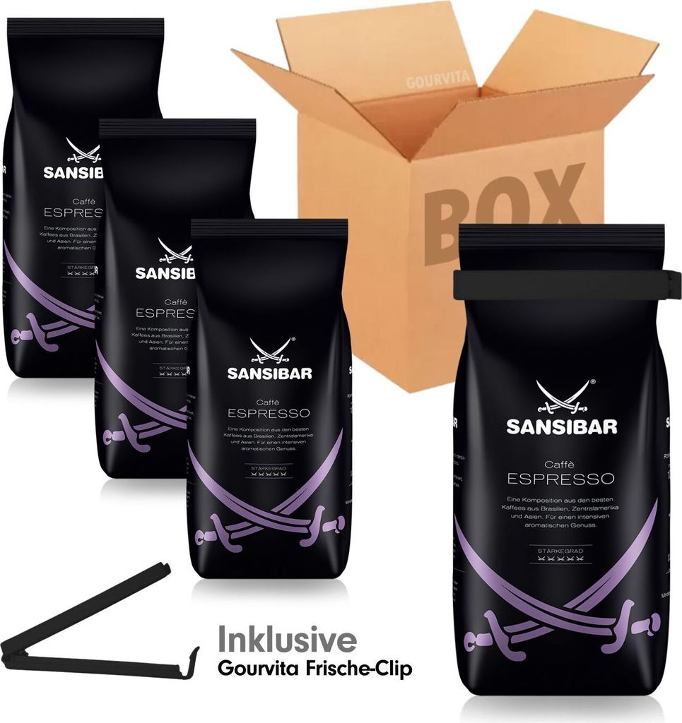SPARBOX Sansibar Caffè Espresso + gratis Gourvita Frische-Clip, 4x1000g Bohnen