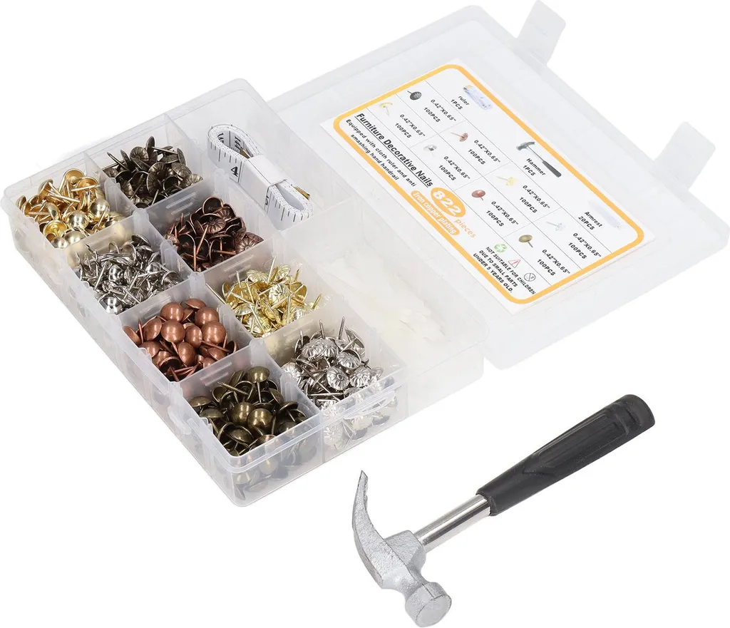 Kit rénovation fauteuil : clous tapissier avec marteau et guide pose