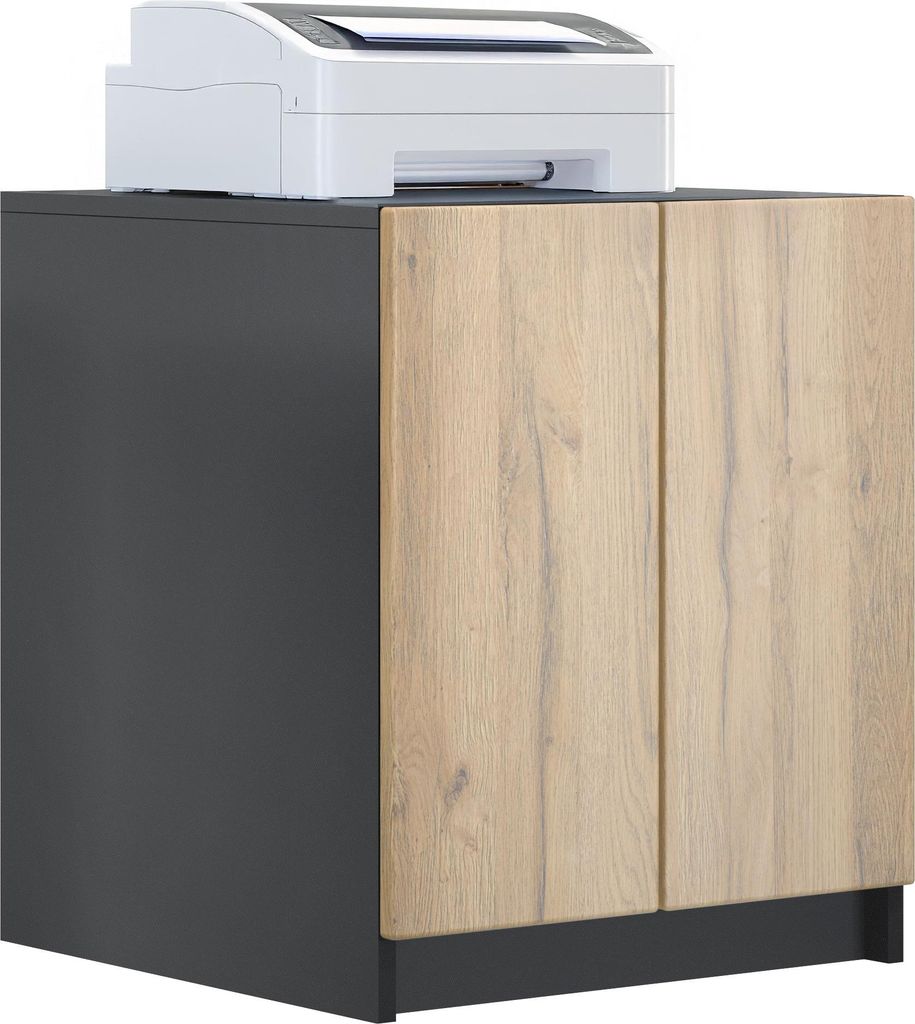 InnoFurn Druckerschrank Elona, Druckerkommode Soft-Close & Push-to-Open, Druckertisch, Büromöbel, Home Office, Schwarz/Eiche Natur (51 x 60,5 x 5...