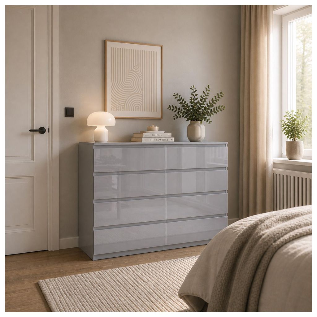Sideboard Kenji 8 Schubladen Hochglanz Grau