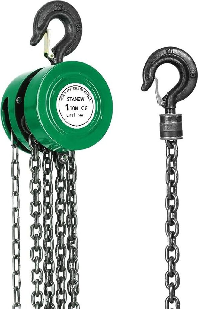 STANEW Handkettenzug mit Schwerlasthaken 6,0m Hubhöhe Grün Doppel-Ladungskette G80 Hebehaken mit Sicherung (1 Tonne 6,0m)