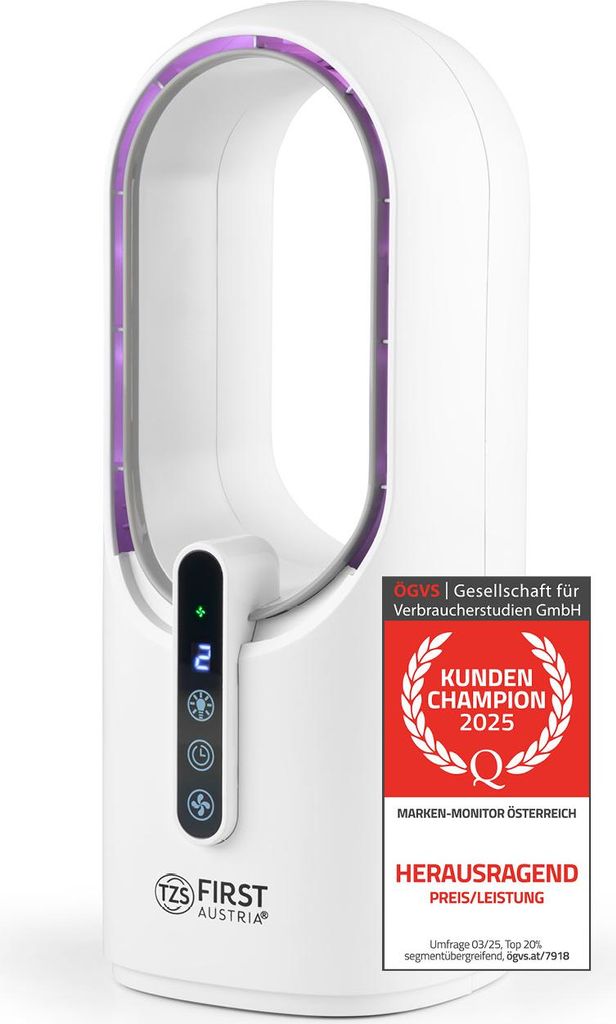 TZS First Austria Mini Tischventilator ohne Rotor, Akku betrieben, 3 Stufen, LED-Display, Timer 1–7h, sehr leise 40–50 dB, Touch-Bedienung, USB...
