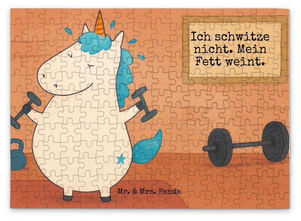 Mr. & Mrs. Panda Puzzle Einhorn Fitness Design 192 Teile - Weiß - Geschenk, Gym, Unicorn, Diät, 500, 1000, Fitnessstudio, Legespiel, 2000, Sixpac...