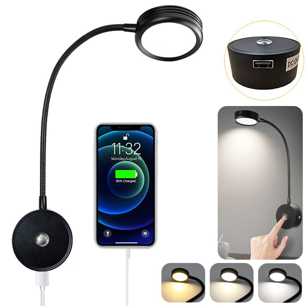 1x Leselampe Wandmontage, 12V LED Wandleuchte mit Schalter, Wandmontage Schwanenhals Lampe Schwarz, Dimmbar Leselicht für Wohnmobil Wohnwagen Boot