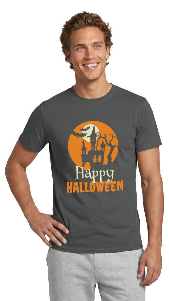 Spreadshirt Happy Halloween Spukhaus Mit Vollmond Und Fledermaus Männer T-Shirt, 3XL, Anthrazit