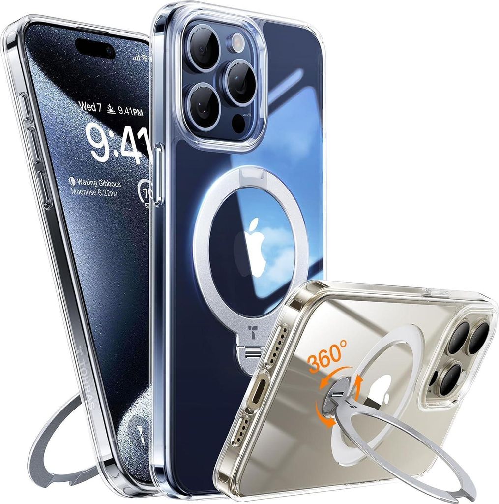 Three clear phone cases for an iPhone 15 Pro are displayed, one with a kickstand and ring holder.
