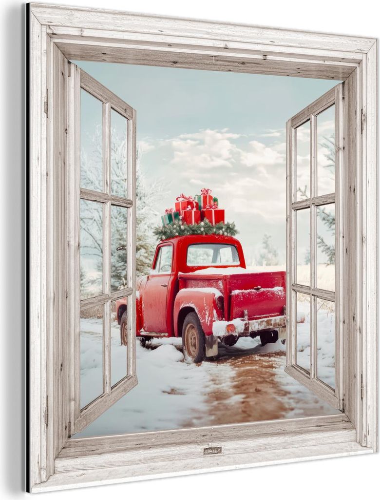 MuchoWow Wanddekoration Metall Metallbild Wandkunst 90x90 cm Auto - Rot - Geschenke - Winter - Weihnachten - Durchsichtig - Weiß MuchoWow Aluminiu...