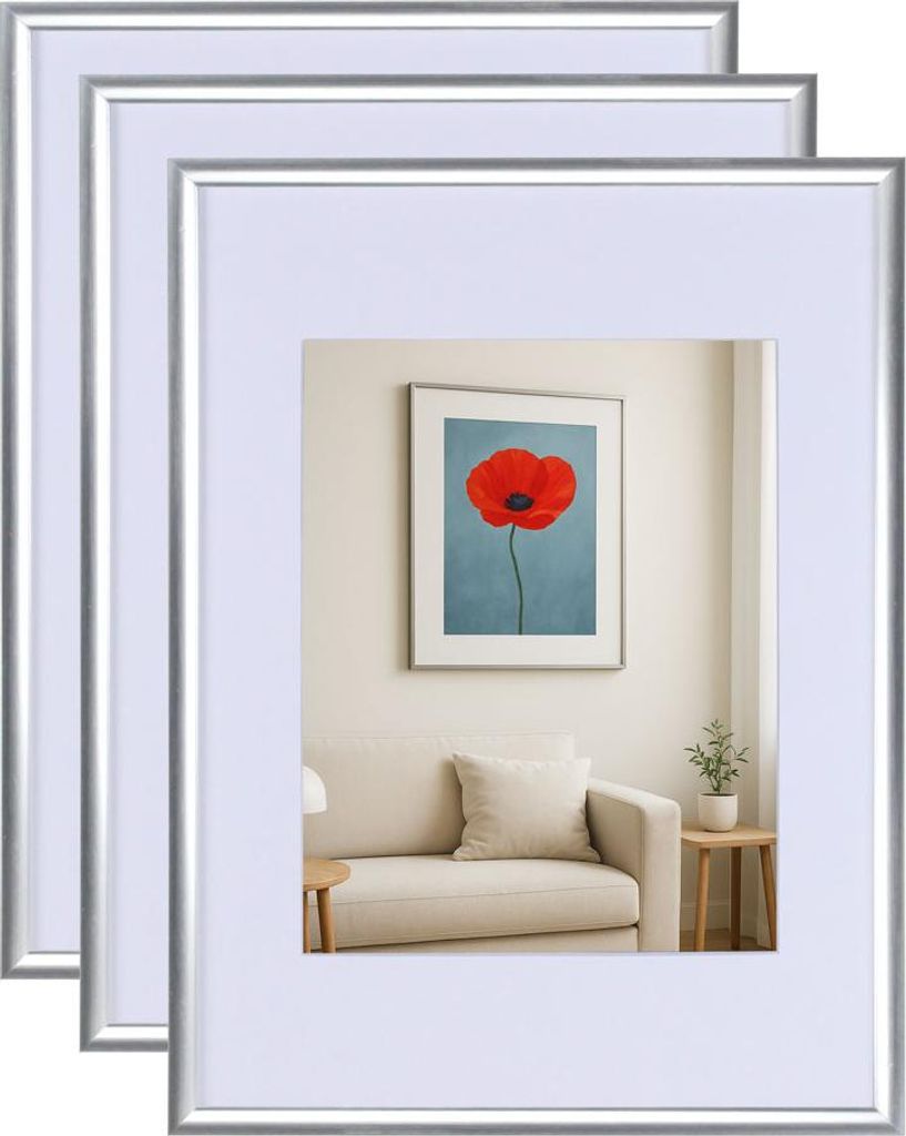 3er 5er Set New Lifestyle Kunststoff Bilderrahmen mit Passepartout & Klarglas Collage Wanddeko Poste - Farbe: 3er Pack Silber | Format: 10x15