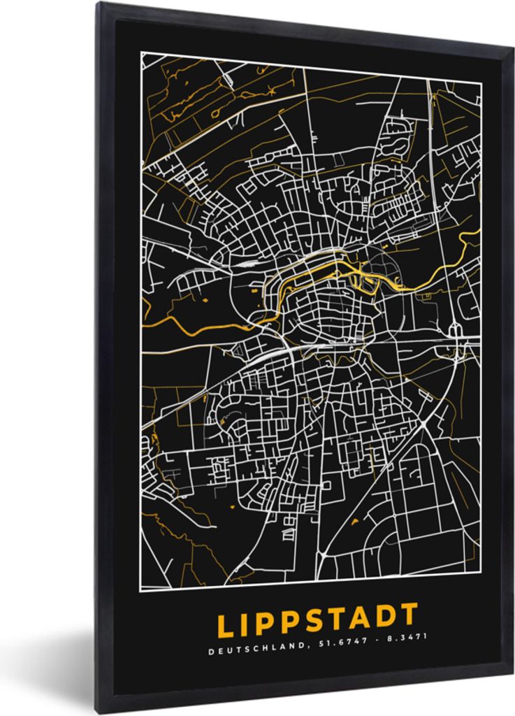 MuchoWow Gerahmtes Poster Stadtplan - Deutschland - Gold - Lippstadt - Karte 20x30 cm - Poster mit Schwarzem Bilderrahmen Wandposter Rahmen Foto ...