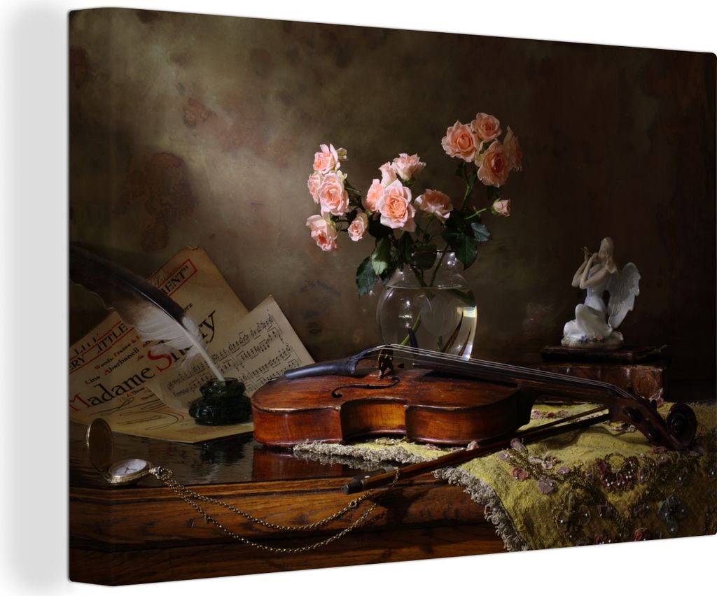 OneMillionCanvasses - Leinwandbilder - 140x90 cm, Violine - Rosen - Rosa - Blumen - Stilleben, Wandbilder Kunstdruck Wanddekoration - Foto auf Le...