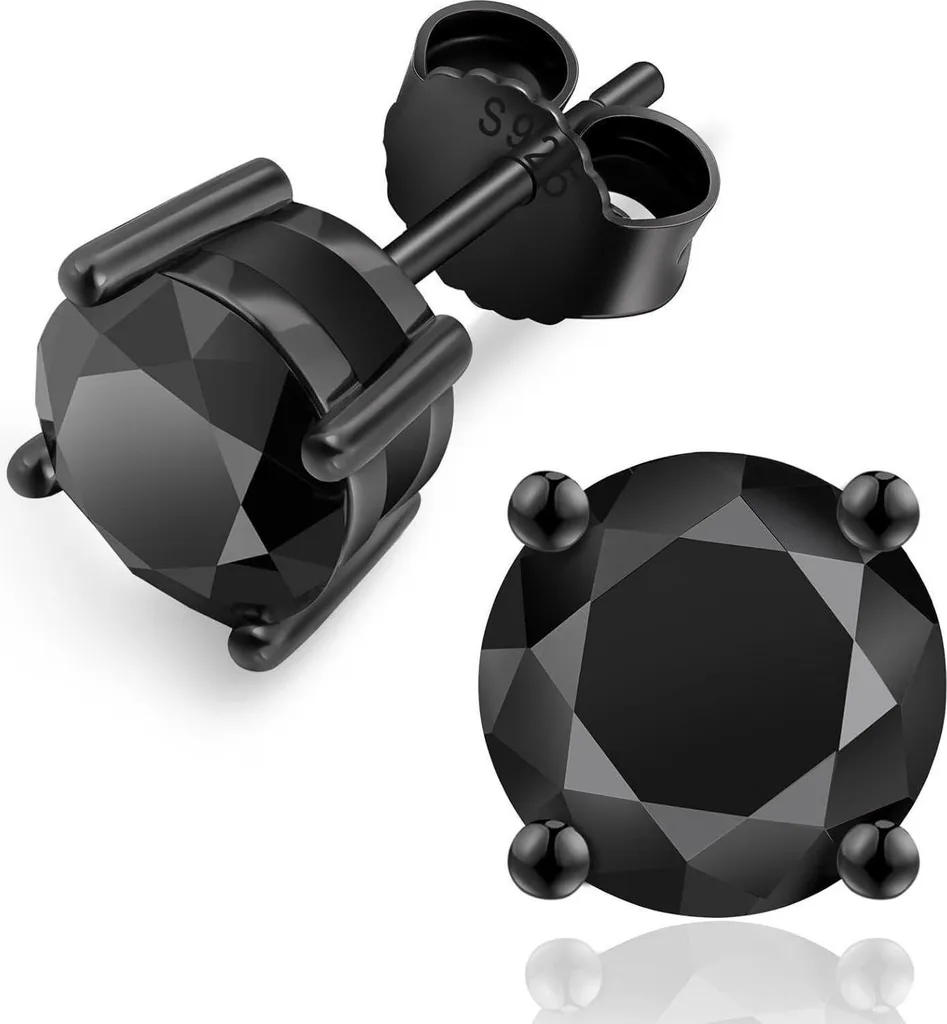 Puces d'oreilles Solitaire en Moissanite Noire et Argent 925 pour Homme
