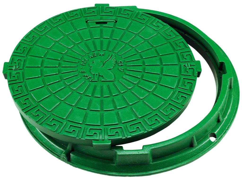 A green manhole cover and its frame are shown against a white background.