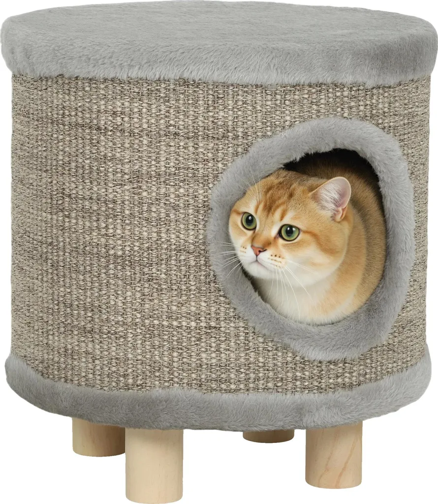 Pouf niche pour chat avec arbre à chat intégré coloris gris chic