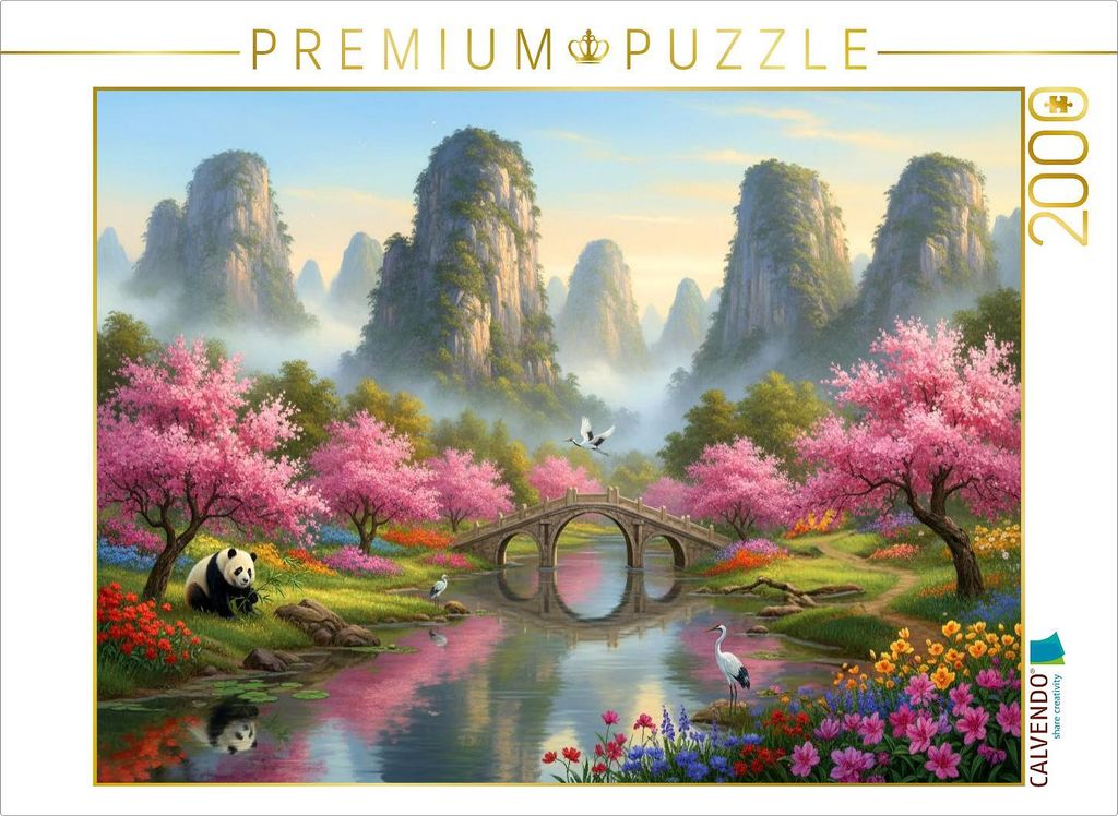 CALVENDO Puzzle Chinesische Nebelberge mit Panda und Kranichen | 2000 Teile Lege-Größe 90x67cm Foto-Puzzle für glückliche Stunden