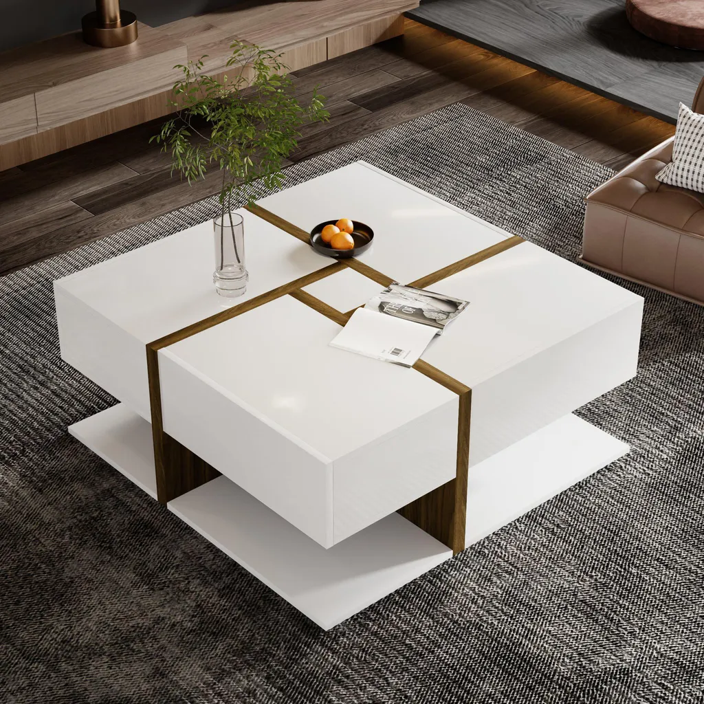 OKWISH Table Basse Laquée Blanche et Bois 78x78x35 cm Design Moderne