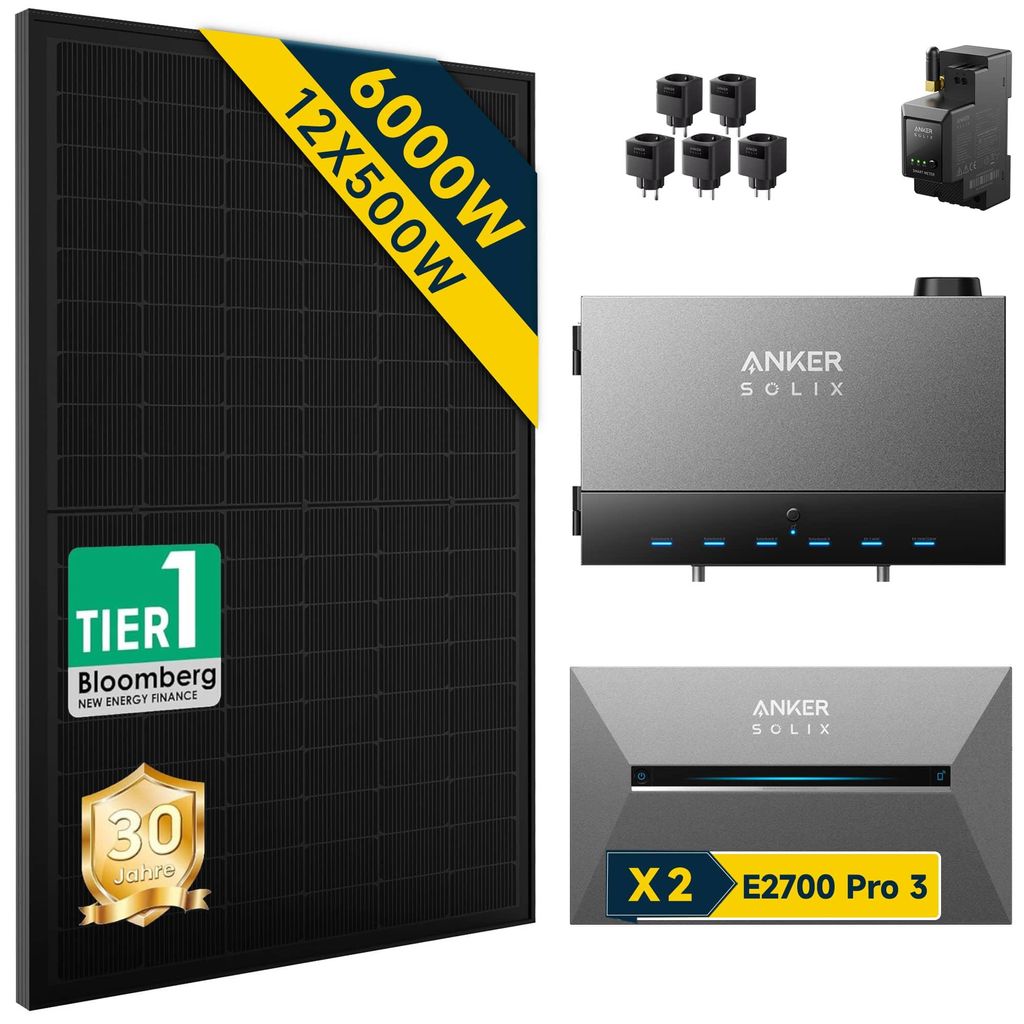 Balkonkraftwerk mit Speicher 6000W mit Power Dock Solarbank Multisystem mit Anker Solix Solarbank 3 E2700 Pro x2