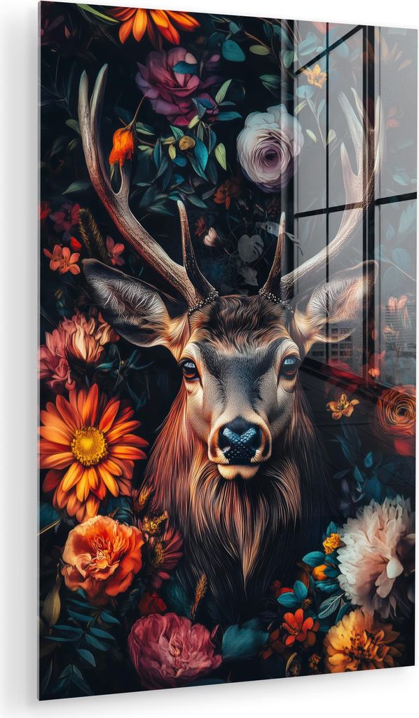 MuchoWow Glasbilder - Bilder auf Wandbild - Foto auf Glas Hirsch - Tierporträt - Blumen - Natur - Hirschkopf 60x90 cm Wanddekoration aus Glas - Ac...